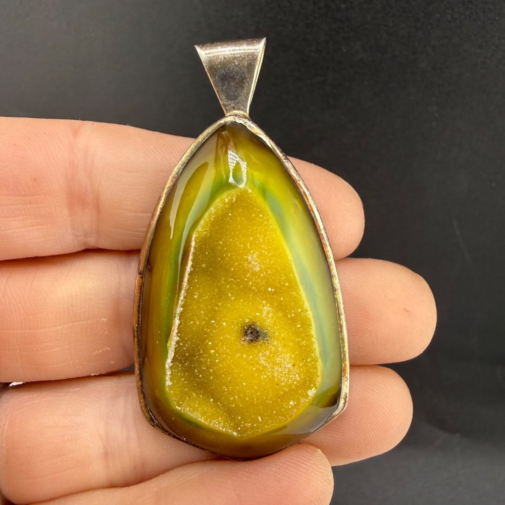 Vintage Estate Pendant Yellow Green Sterling Silver Polished Stone Druzy 20.9g